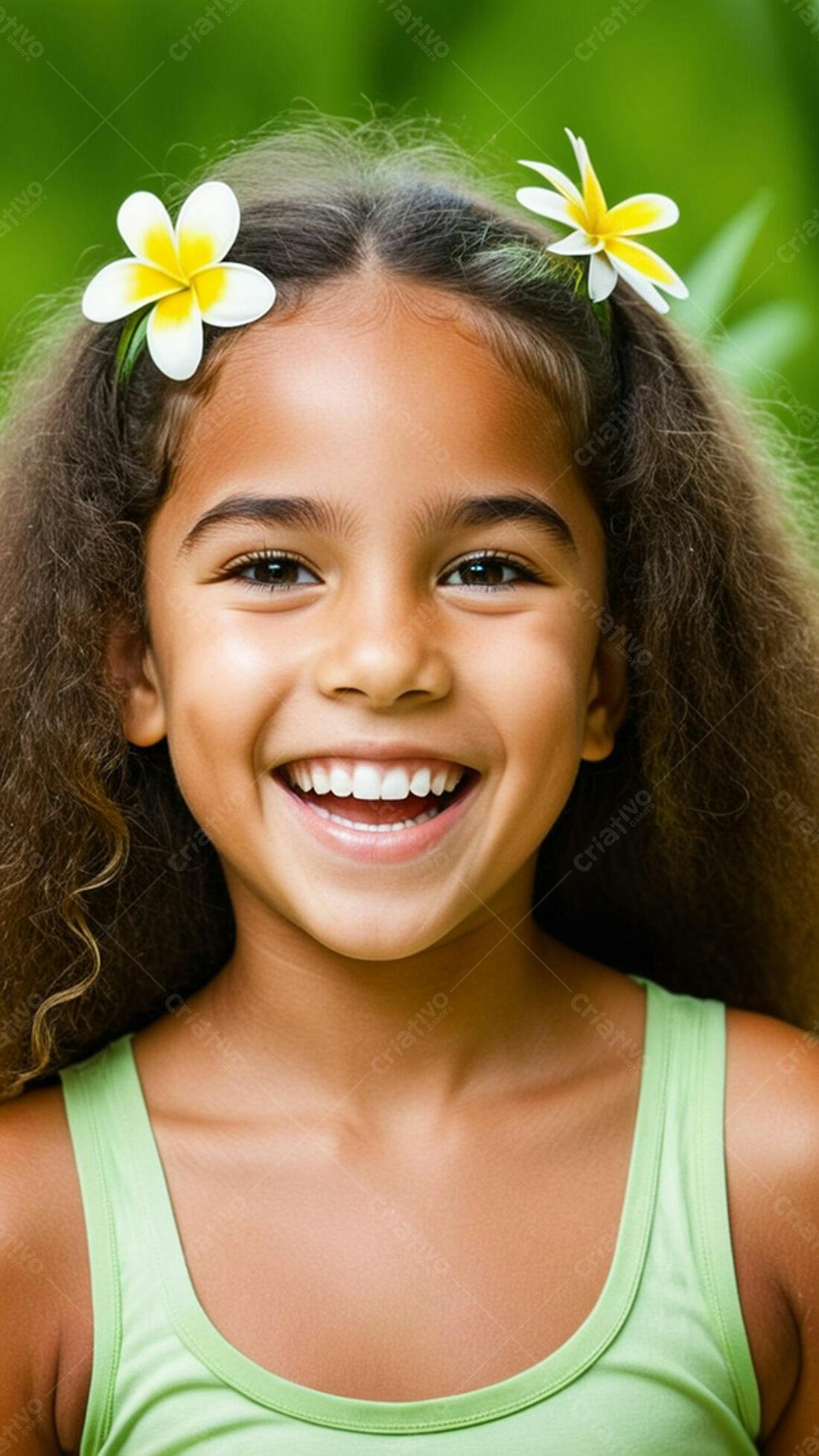 Menina rindo com flores no cabelo