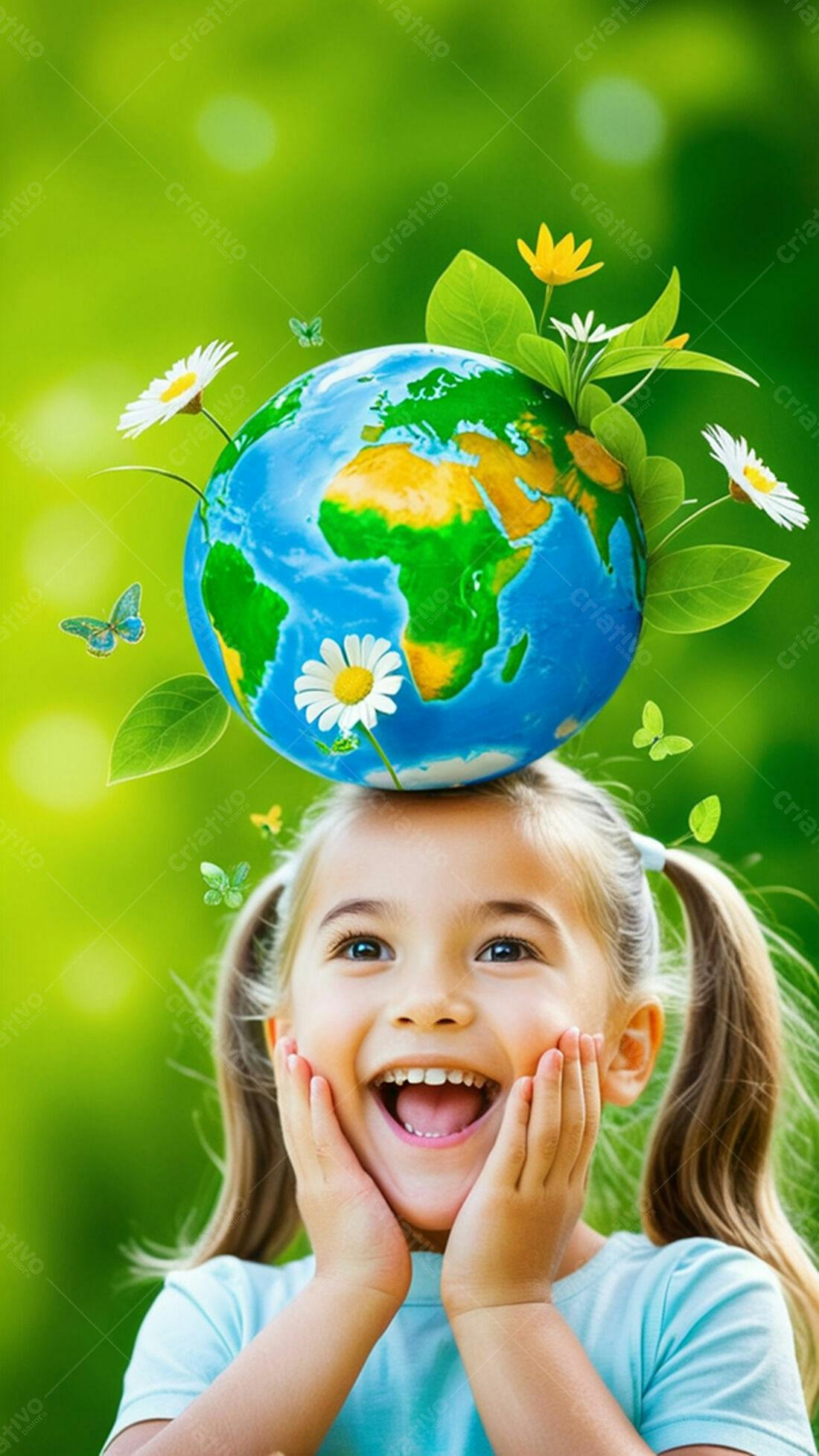 Menina feliz com globo terrestre na cabeça