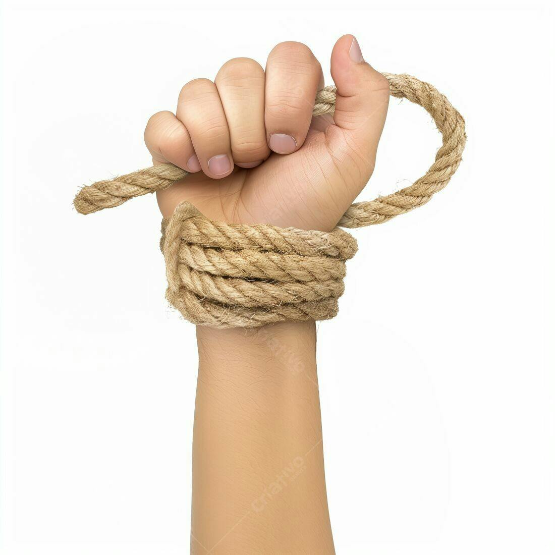 Mão amarrada com corda de sisal