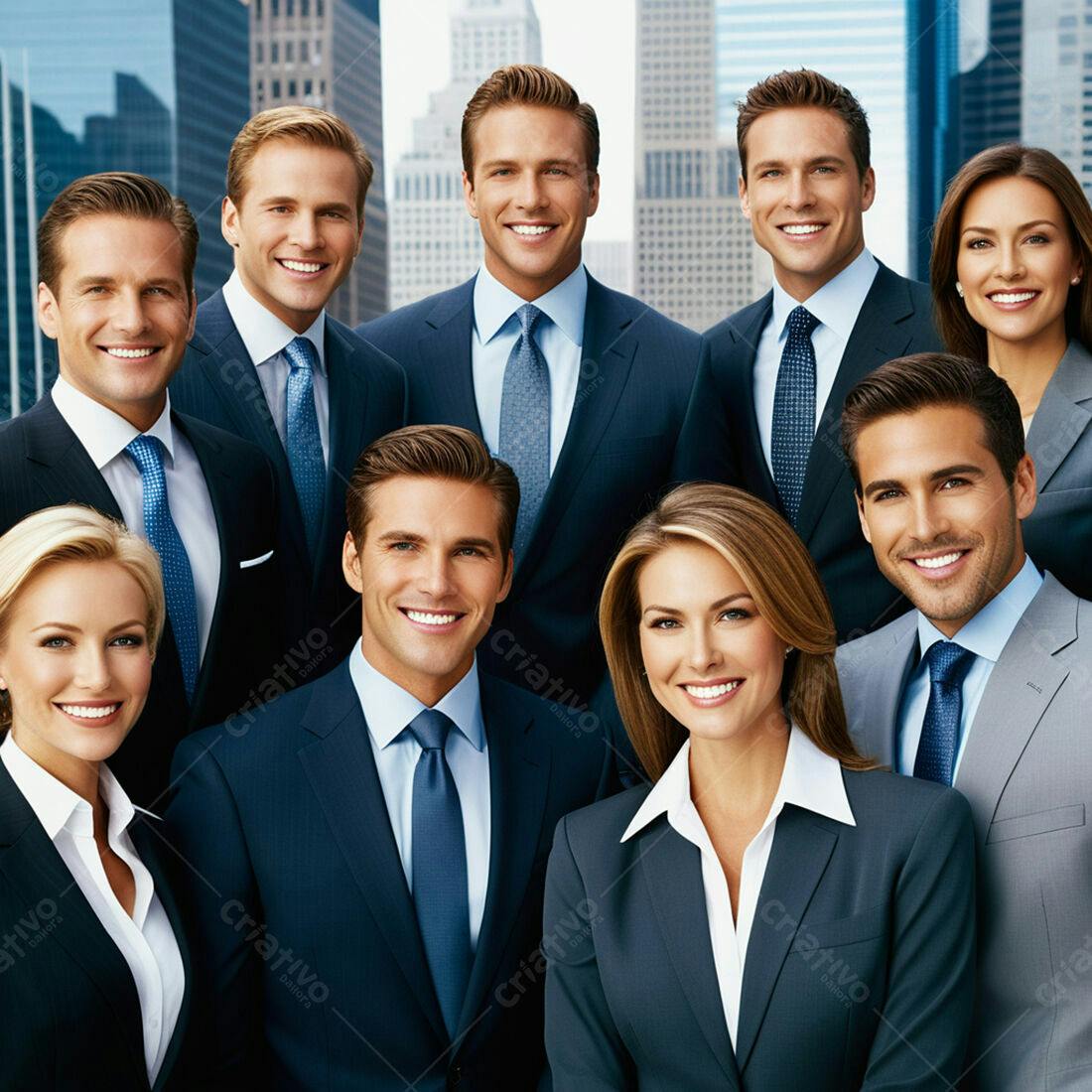 Equipe de executivos sorrindo em cidade moderna