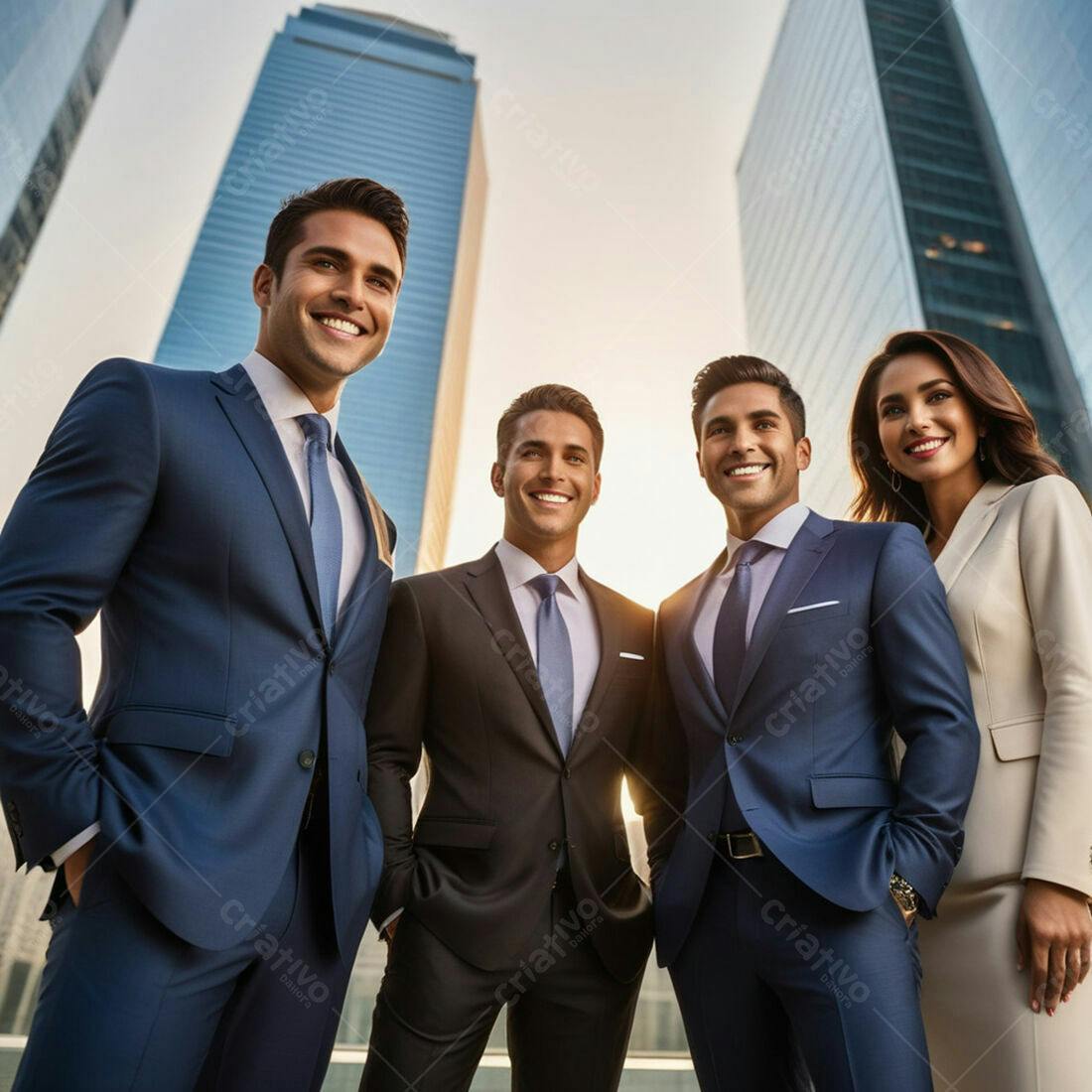 Equipe de negócios sorrindo em frente a arranha-céus