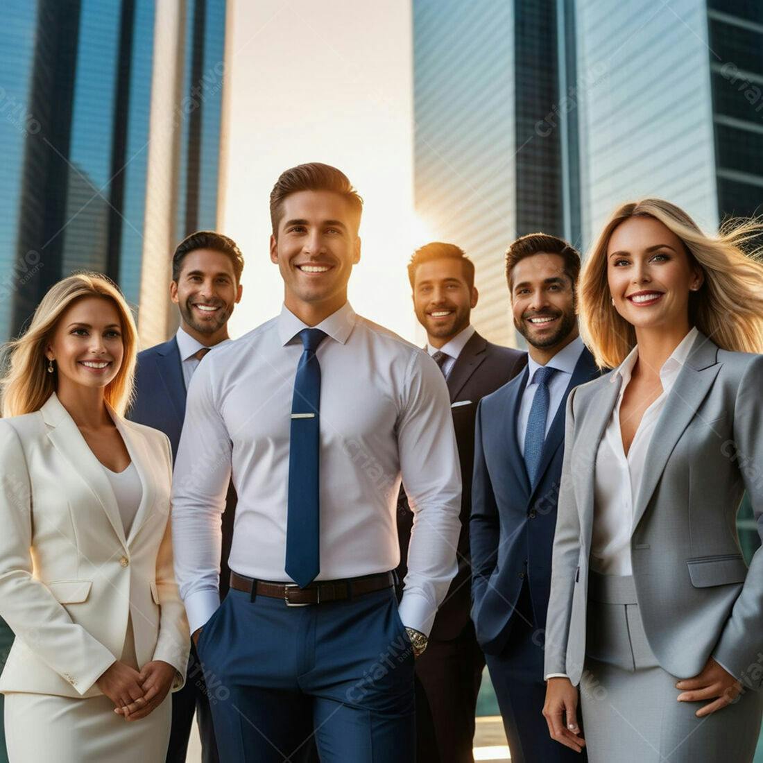 Equipe de negócios sorrindo em frente a arranha-céus
