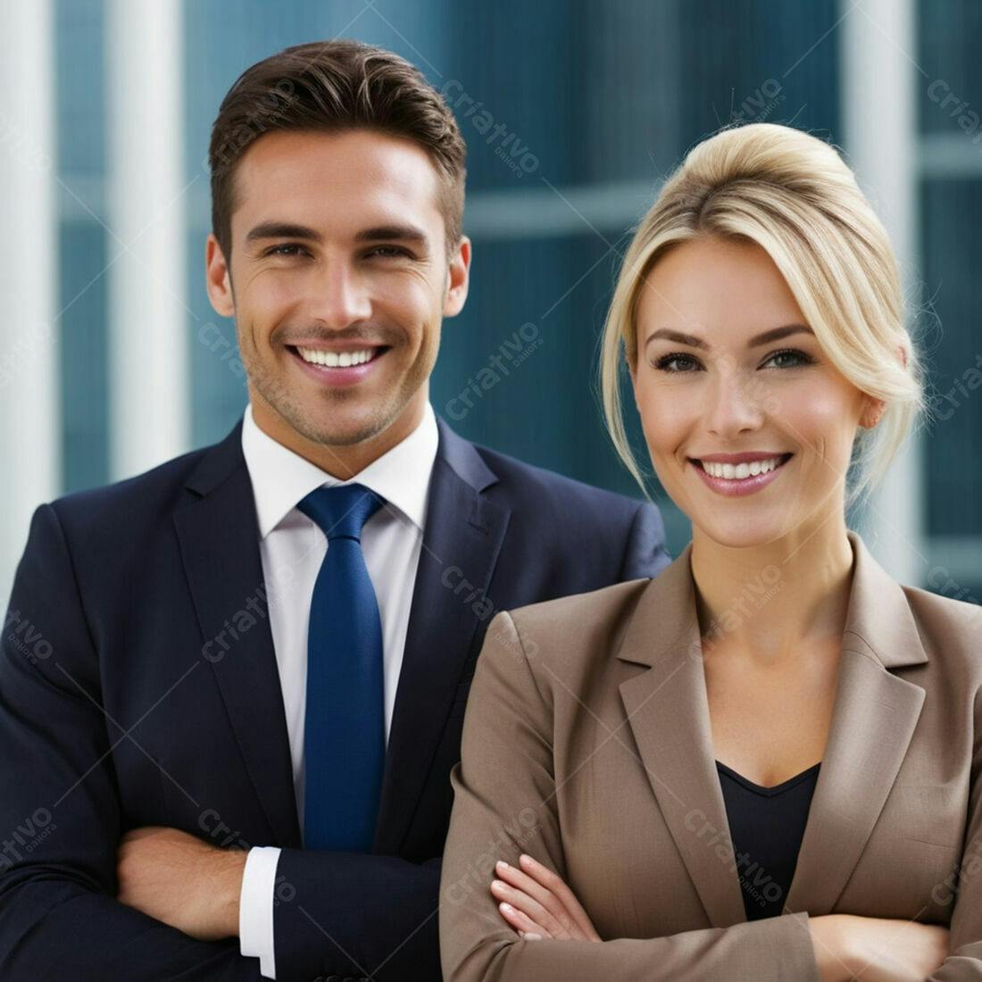 Executivos sorrindo em frente a prédio moderno