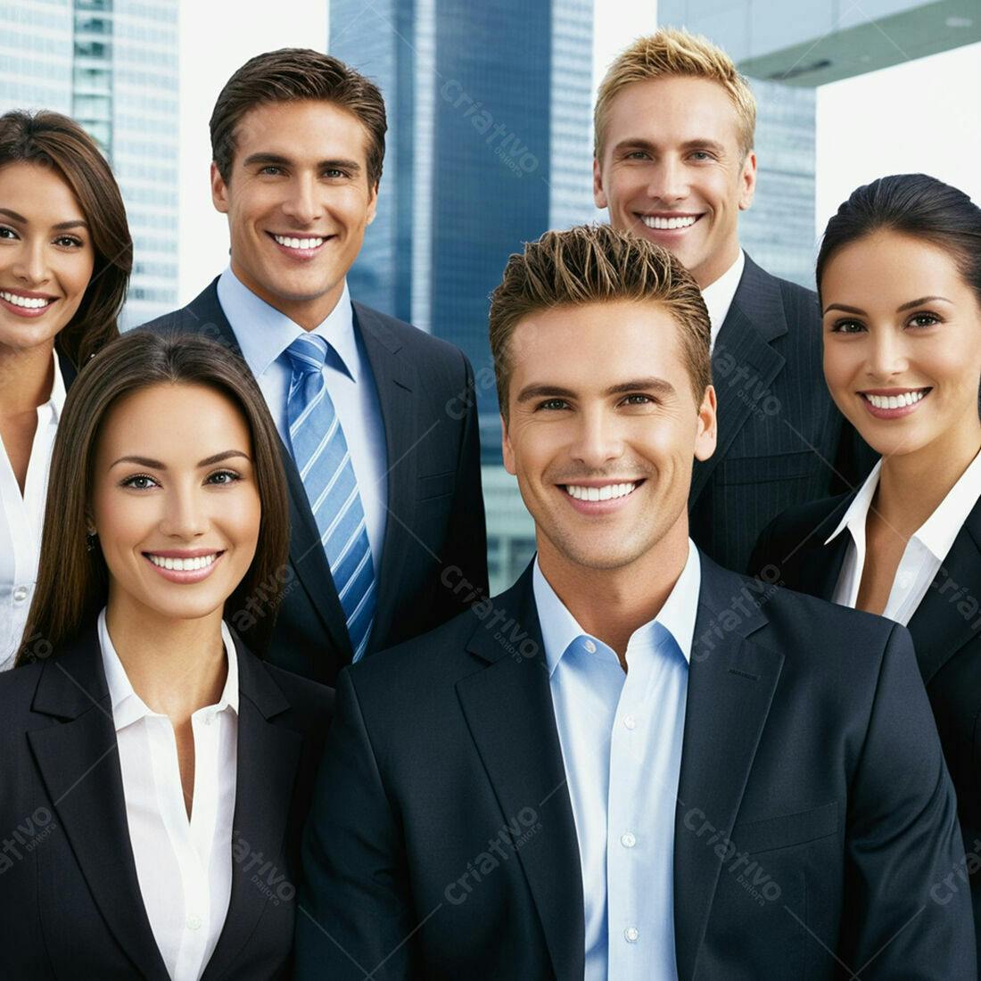 Equipe de negócios sorrindo em frente a arranha-céus