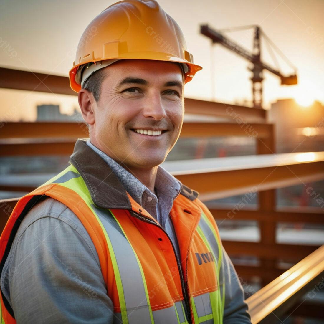Engenheiro sorridente em obra ao entardecer