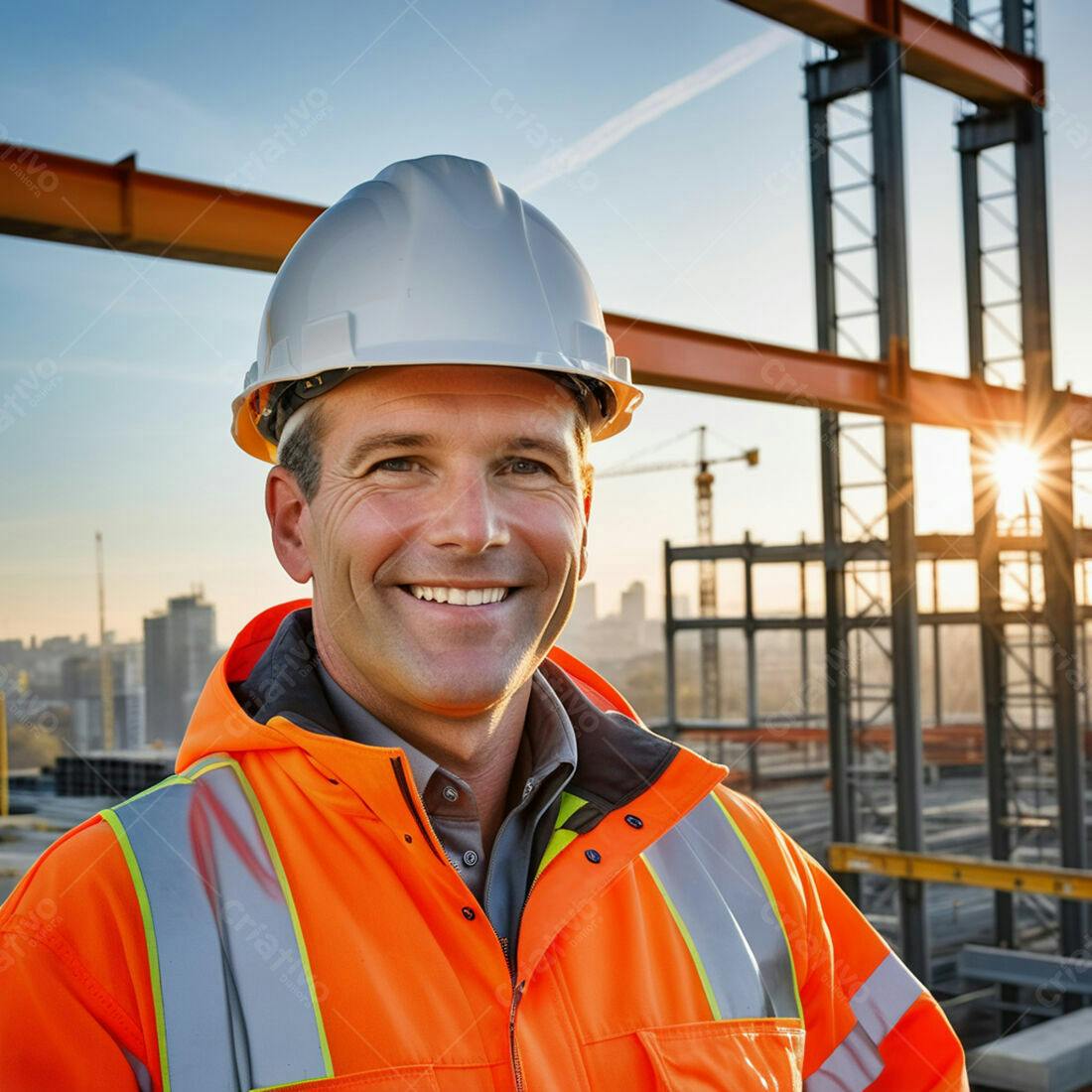 Engenheiro sorridente em construção ao entardecer