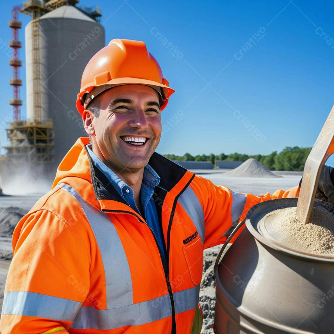 Operário sorridente misturando concreto em obra