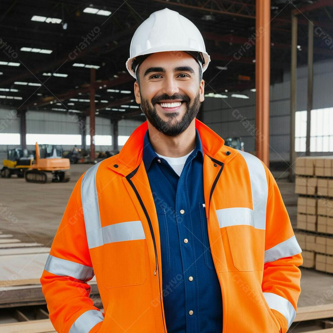 Engenheiro sorrindo em ambiente industrial