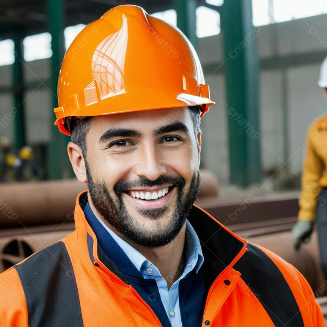 Engenheiro sorrindo em ambiente industrial