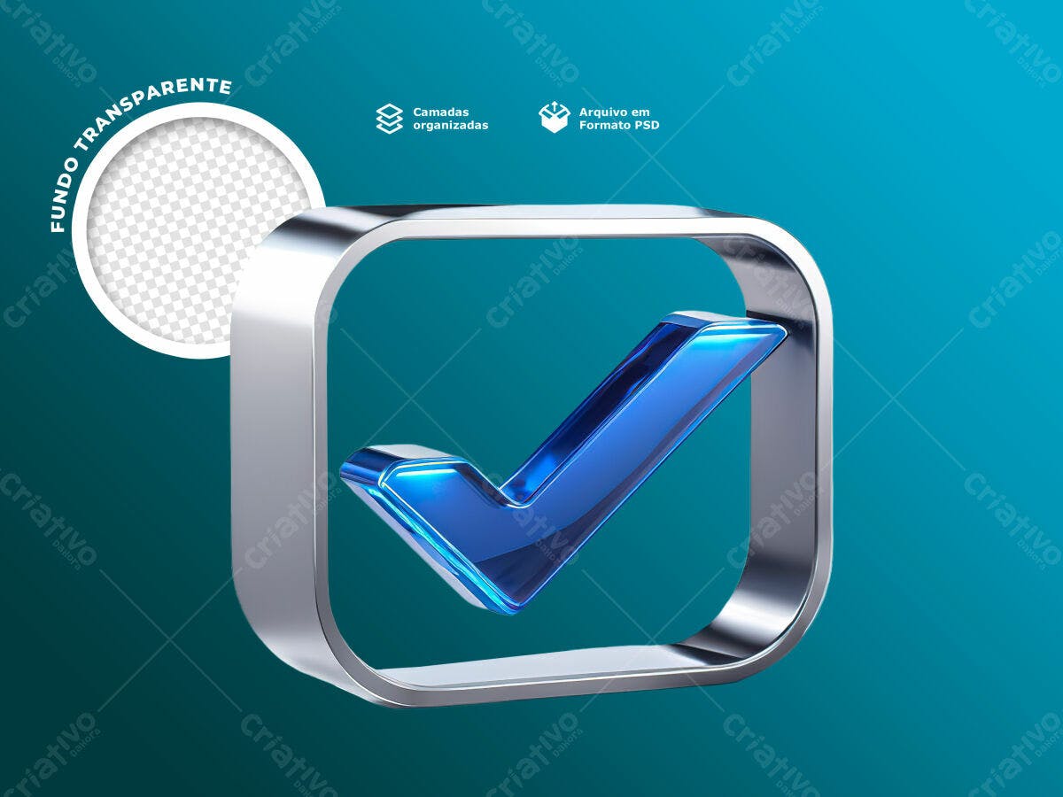 Check Mark 3D Azul e Prata PSD Editável