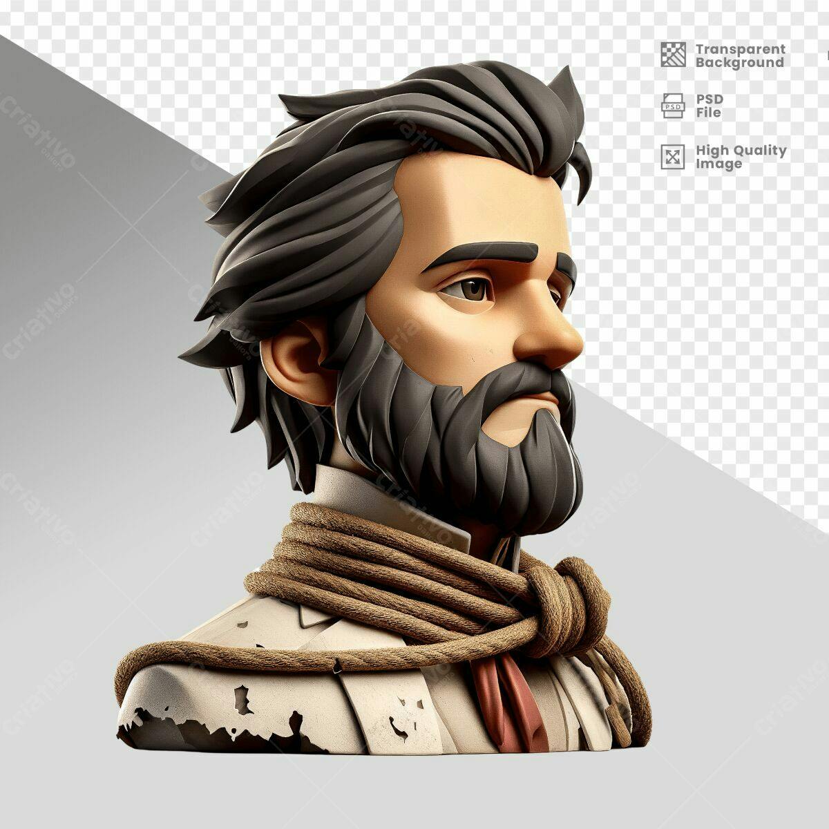 PSD Busto de Homem com Barba para Design 3D Editável