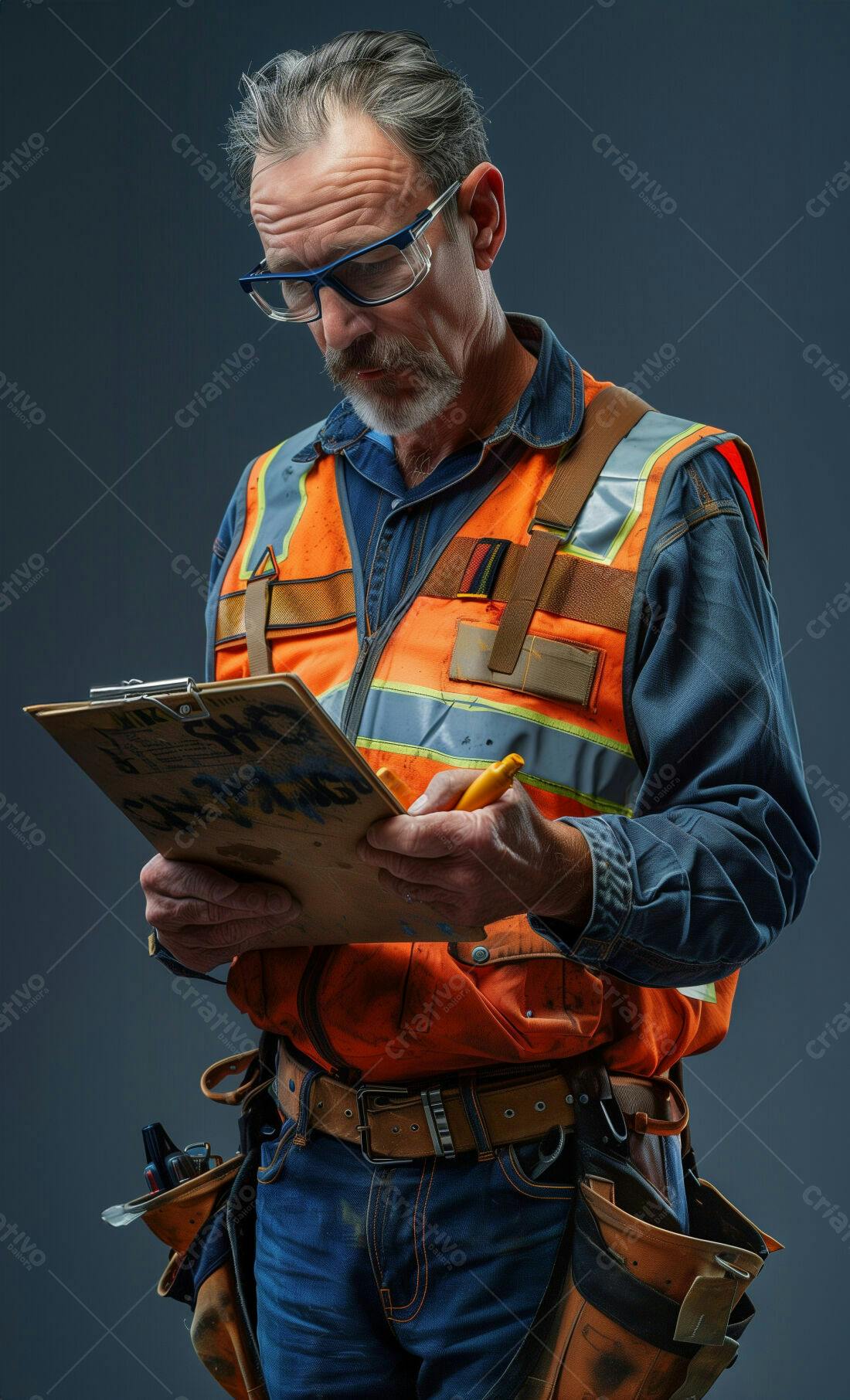 Construtor revisando projeto em prancheta