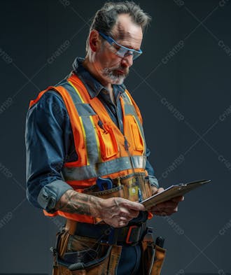 Homem velho engenheiro civil de óculos com prancheta na mão