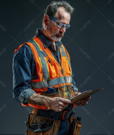 Homem velho engenheiro civil de óculos com prancheta na mão