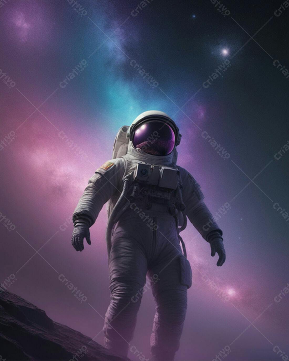 Astronauta em planeta rochoso sob céu roxo e azul