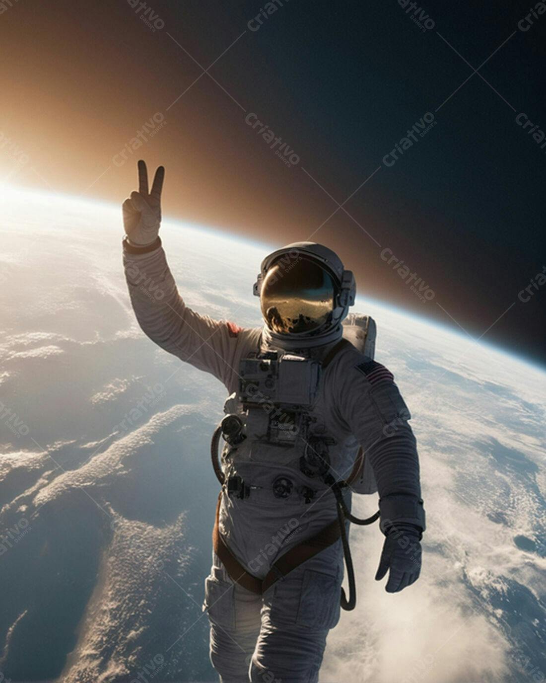Astronauta fazendo sinal de paz no espaço