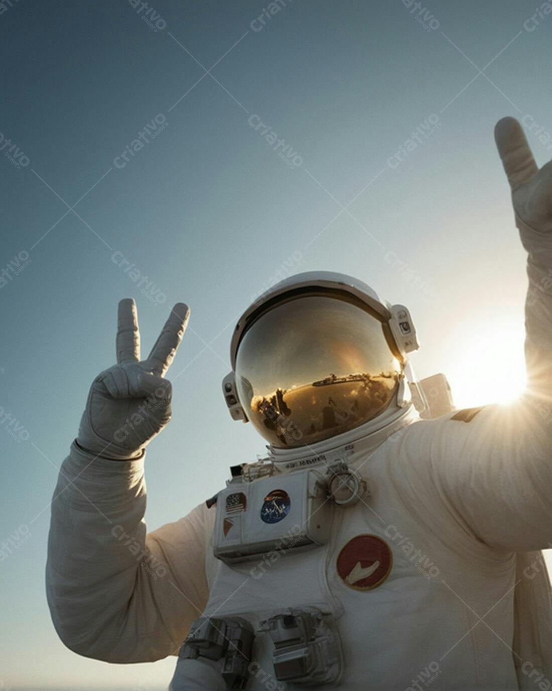 Astronauta mostrando paz no espaço ao amanhecer