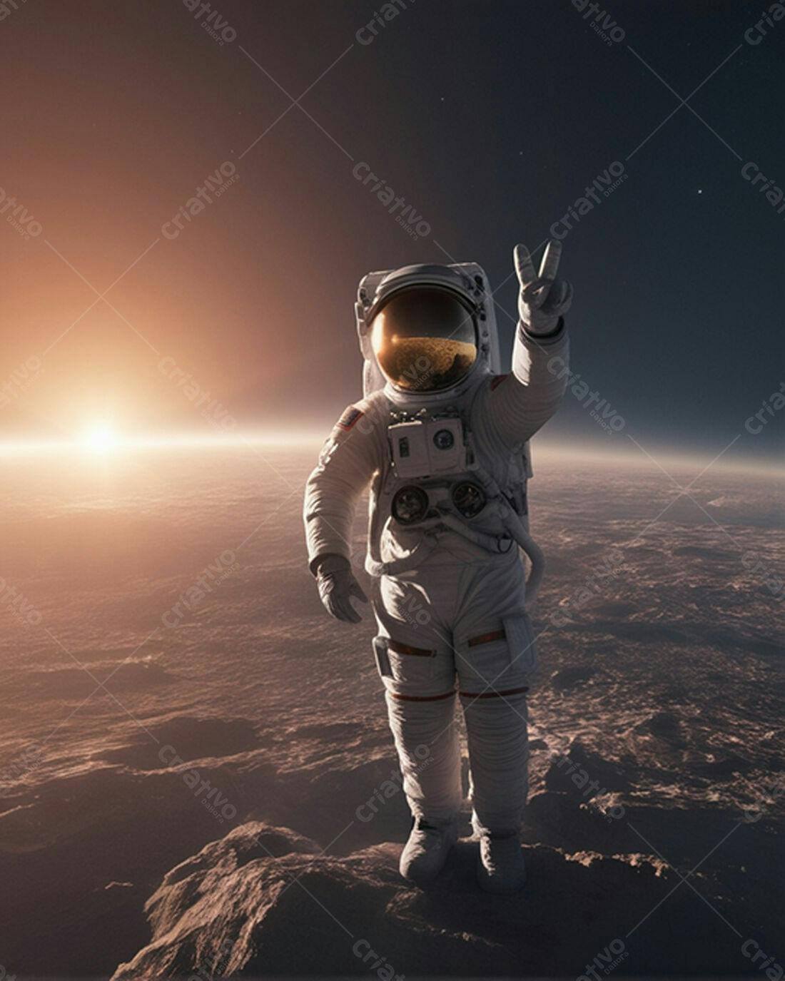 Astronauta mostrando paz em Marte ao nascer do sol