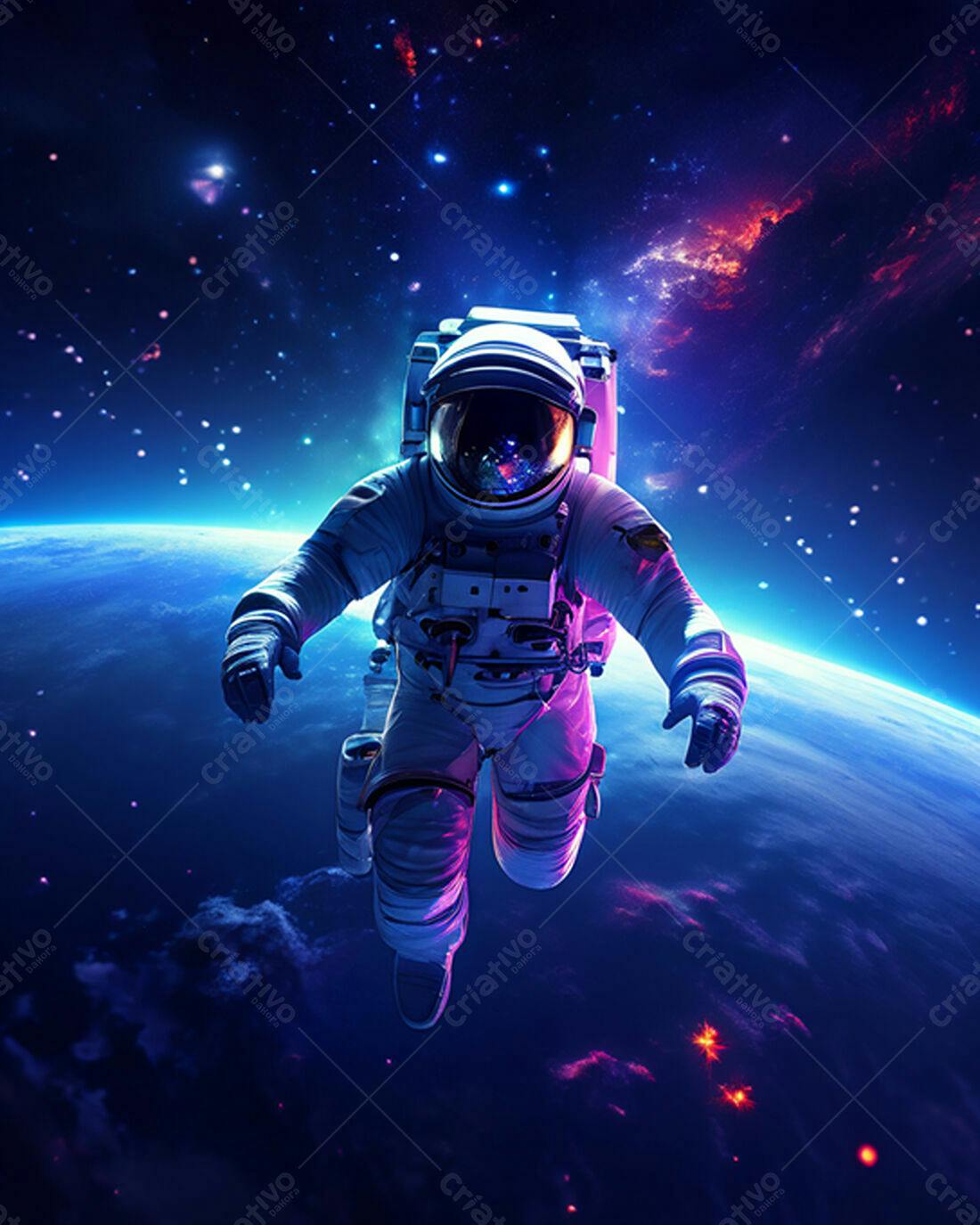 Astronauta flutuando no espaço roxo e azul