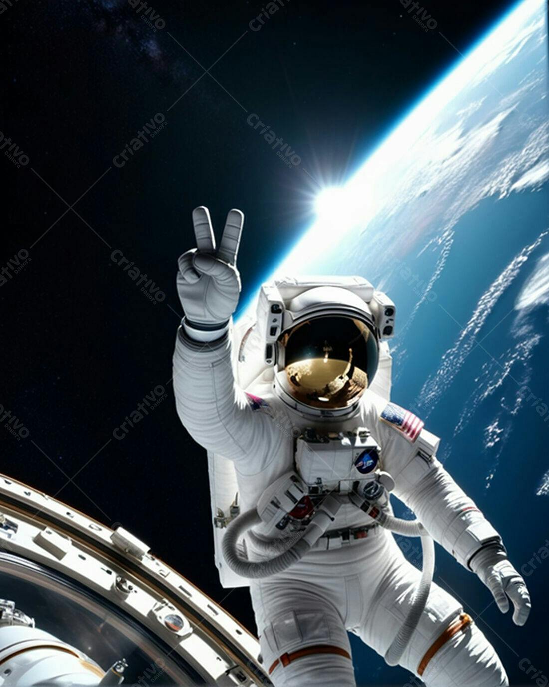 Astronauta fazendo sinal de paz no espaço