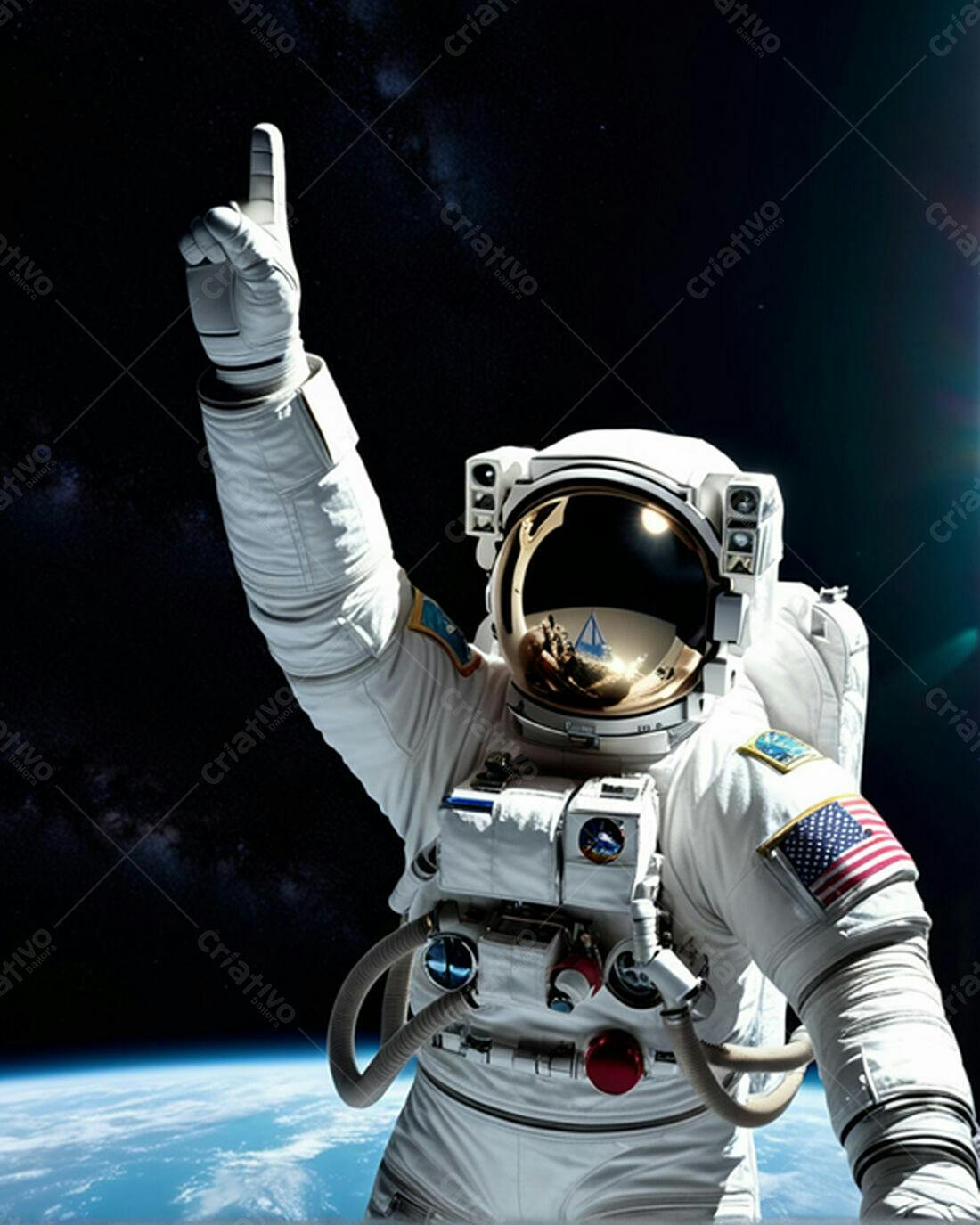 Astronauta no espaço apontando para a Terra
