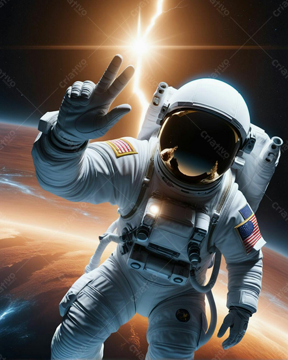 Astronauta no Espaço mostrando V de Vitória