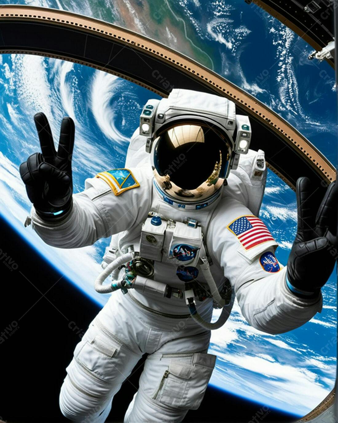 Astronauta fazendo sinal de paz no espaço