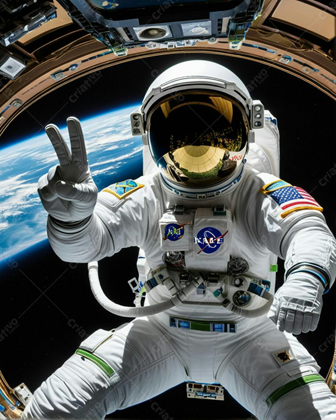 Astronauta fazendo sinal de paz no espaço