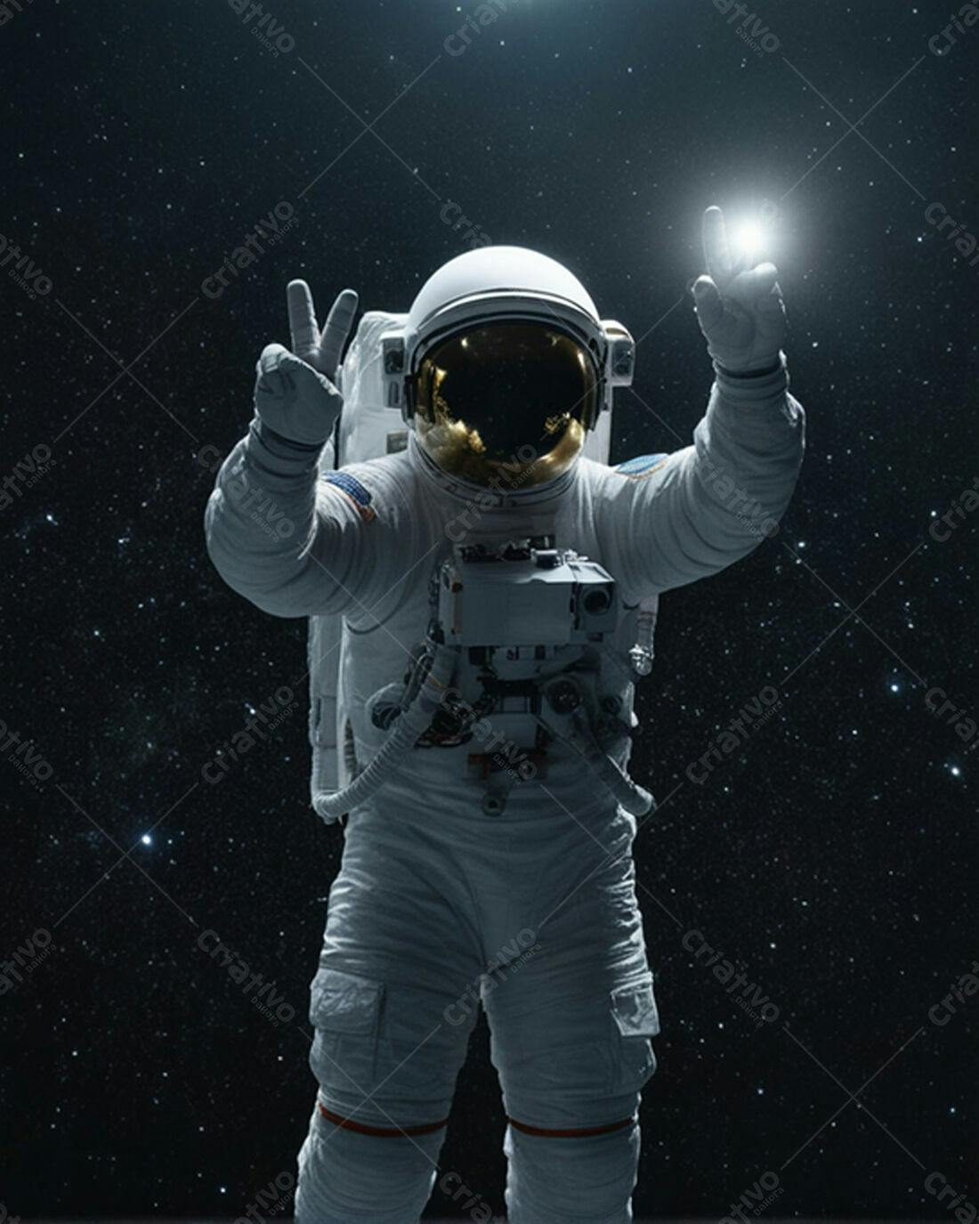 Astronauta no espaço fazendo sinal de paz