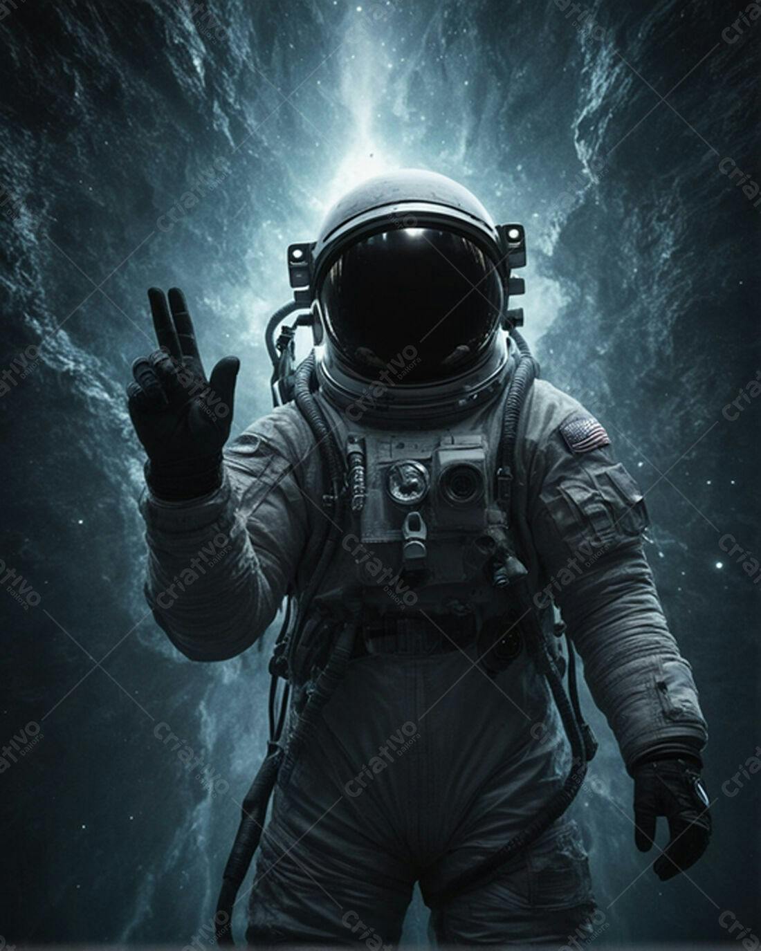 Astronauta no espaço sinalizando paz