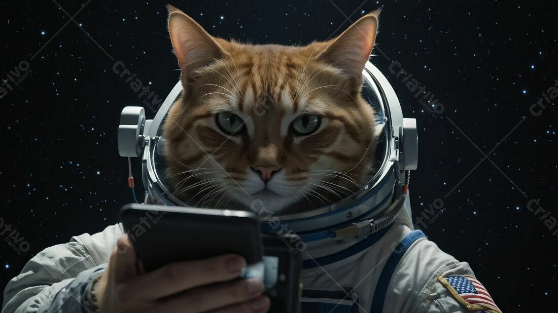 Gato astronauta usando celular no espaço