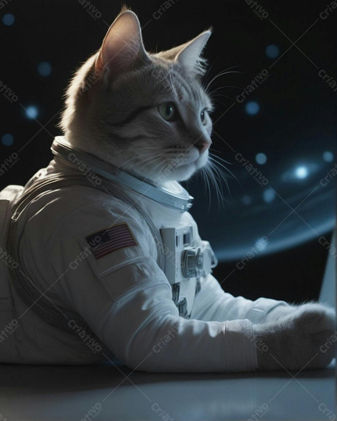 Gato astronauta observando o espaço