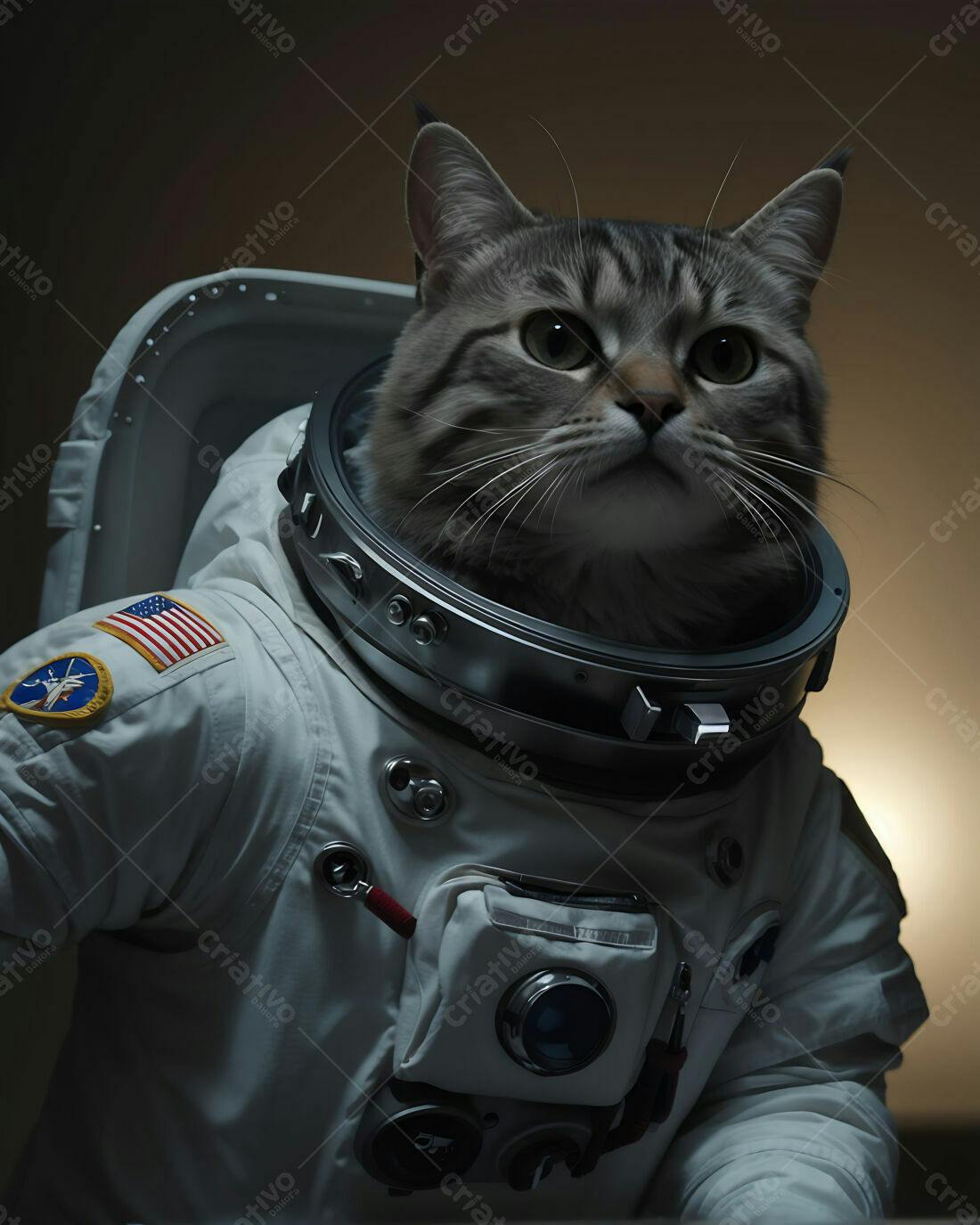 Gato astronauta cinza e branco no espaço