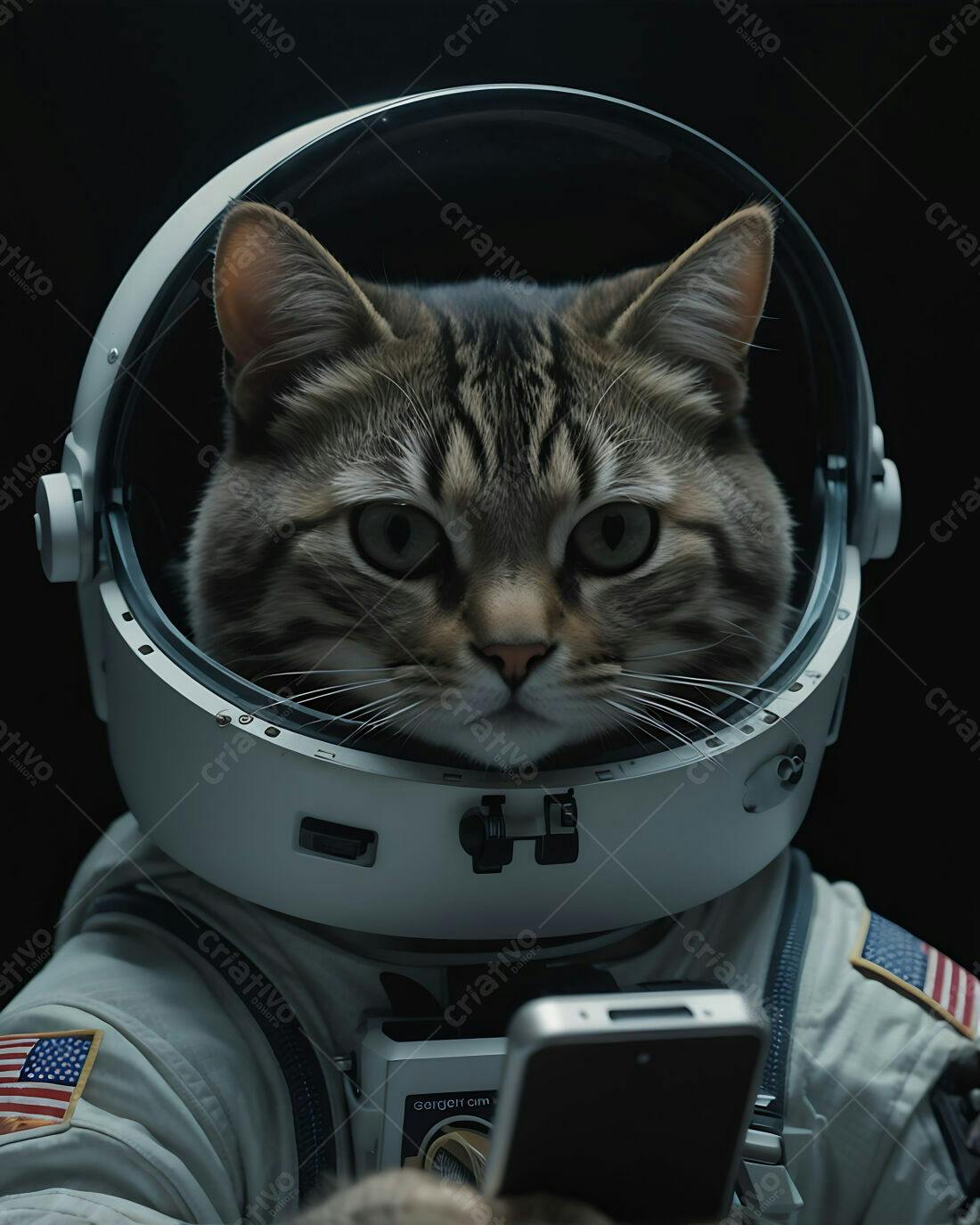Gato astronauta usando celular no espaço