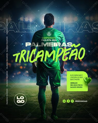 Palmeiras tricampeão 2024 futebol campeonato paulista esporte psd editável