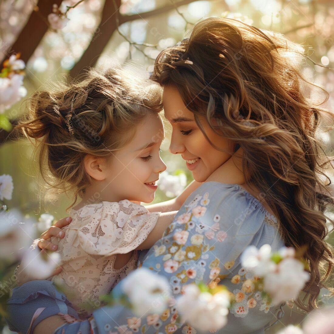 Mãe e filha abraçadas em jardim florido