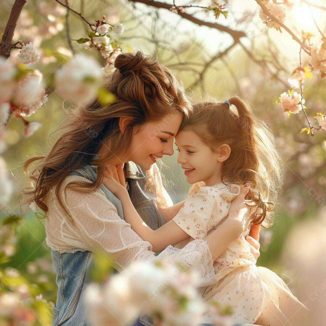 Mãe e filha abraçadas em jardim florido