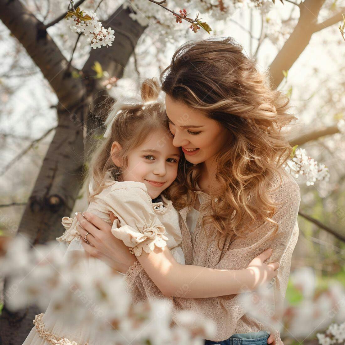 Mãe e filha abraçadas em jardim florido