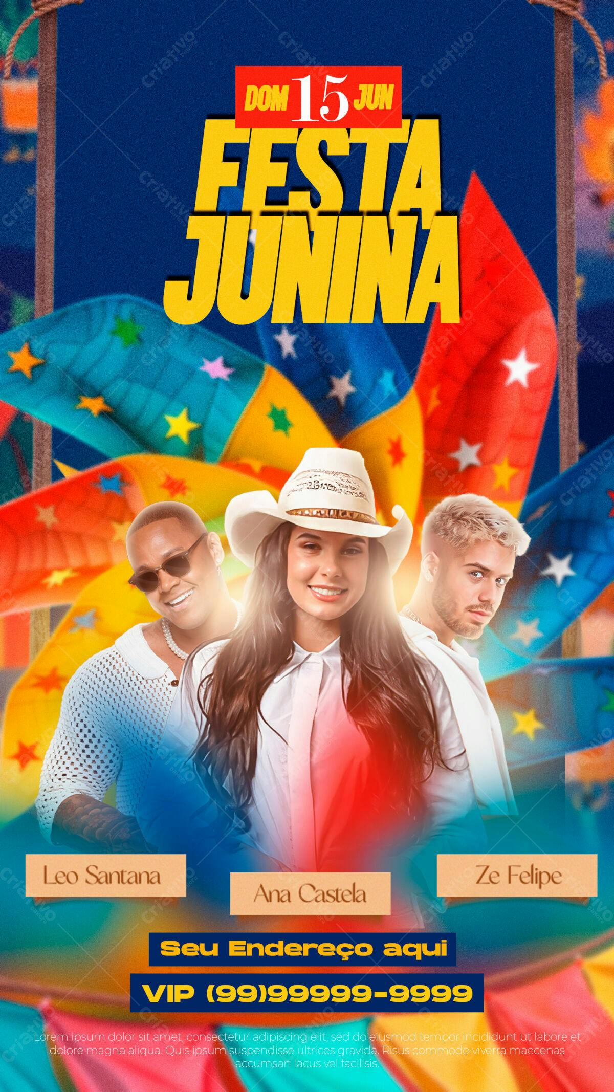 Flyer Festa Junina com Léo Santana, Ana Castela e Zé Felipe PSD Editável