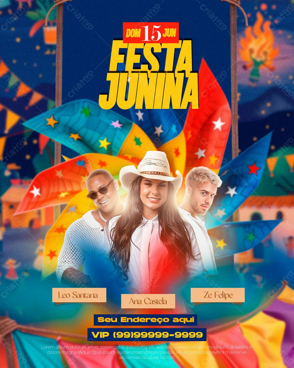 Flyer Festa Junina com Ana Castela, Zé Felipe e Leo Santana PSD Editável