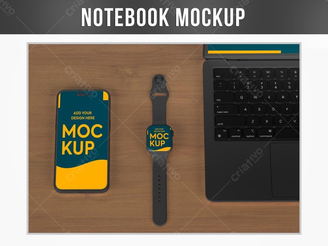 Mockup Realista: Smartphone, Smartwatch e Notebook em Mesa de Madeira
