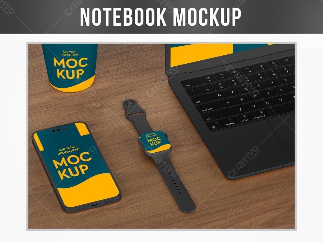 Mockup Realista: Notebook, Smartphone e Smartwatch em Mesa de Madeira
