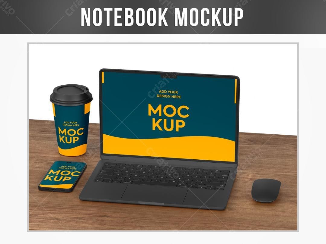 Mockup Moderno: Notebook, Smartphone e Copo em Mesa de Madeira