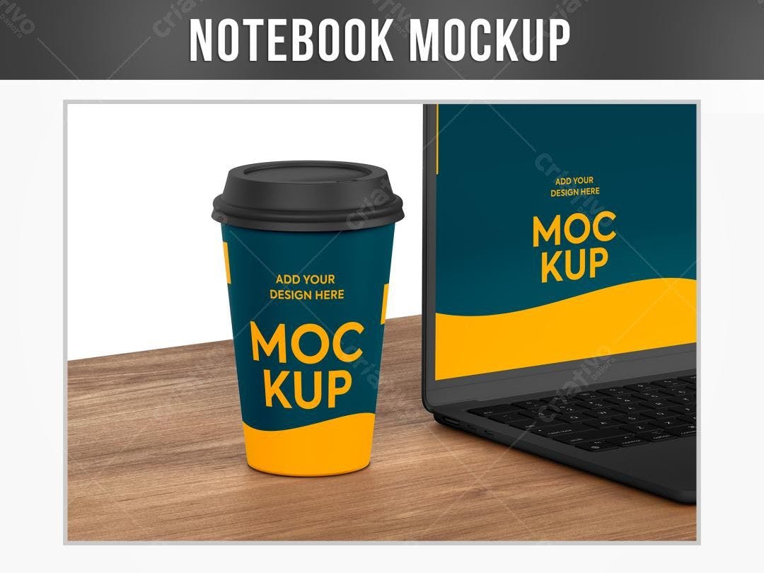 Mockup Realista de Copo de Café com Notebook