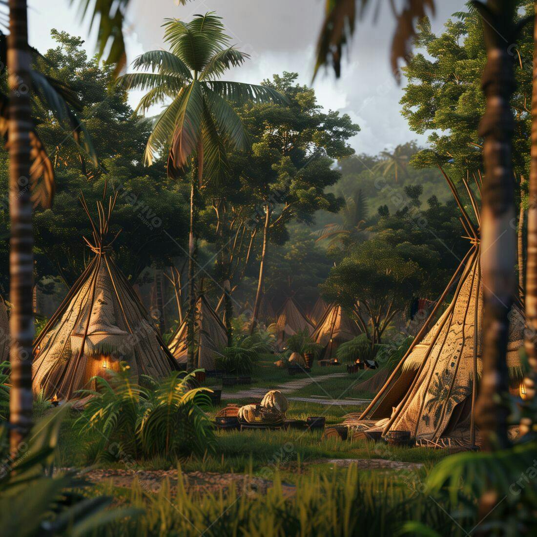 Aldeia indígena tropical ao entardecer