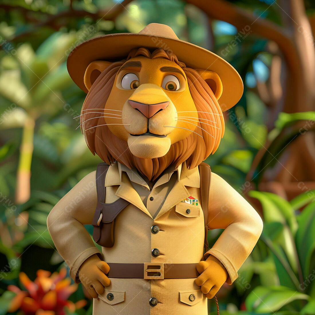 Leão cartum explorador na selva