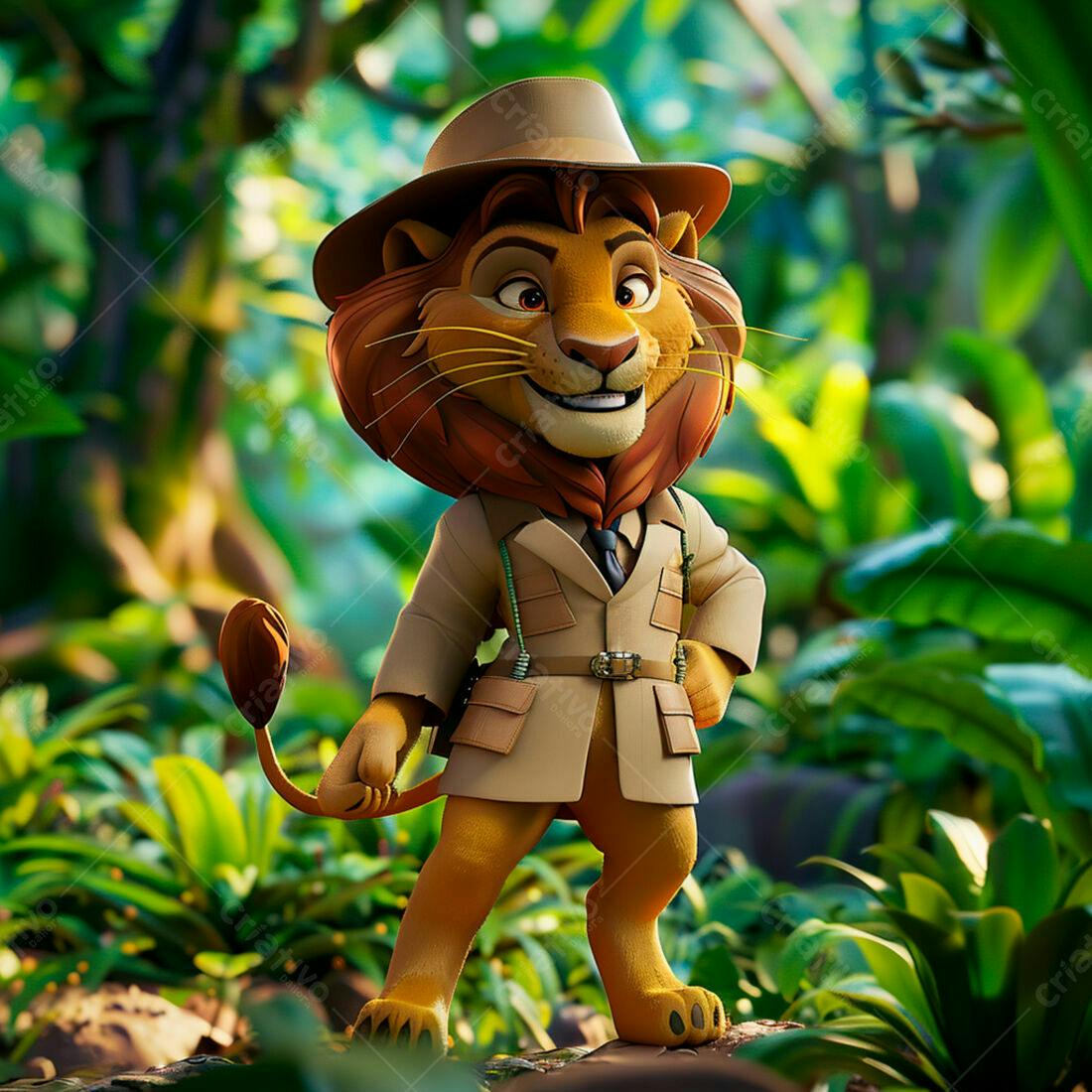 Leão explorador na selva tropical