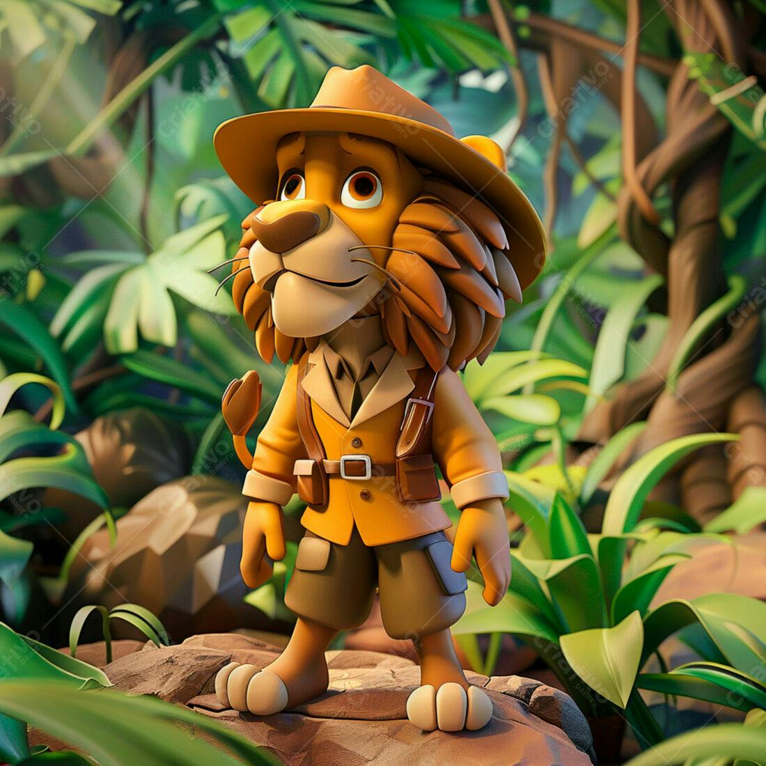 Leão explorador em floresta tropical