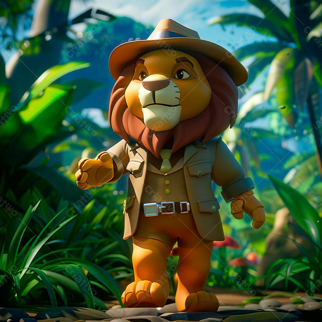 Leão explorador em floresta tropical