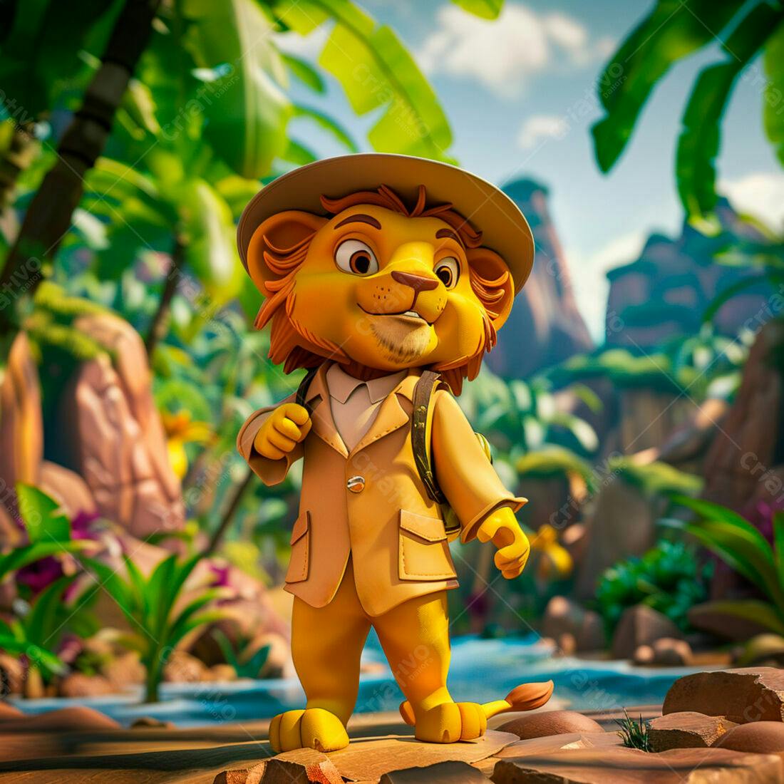 Leãozinho explorador em cenário tropical